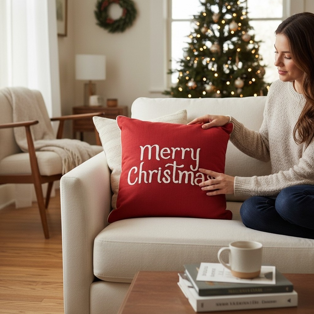 Threshold Merry Christmas Toss Pillow Unisex 18x18 Red Brand New Embroidered